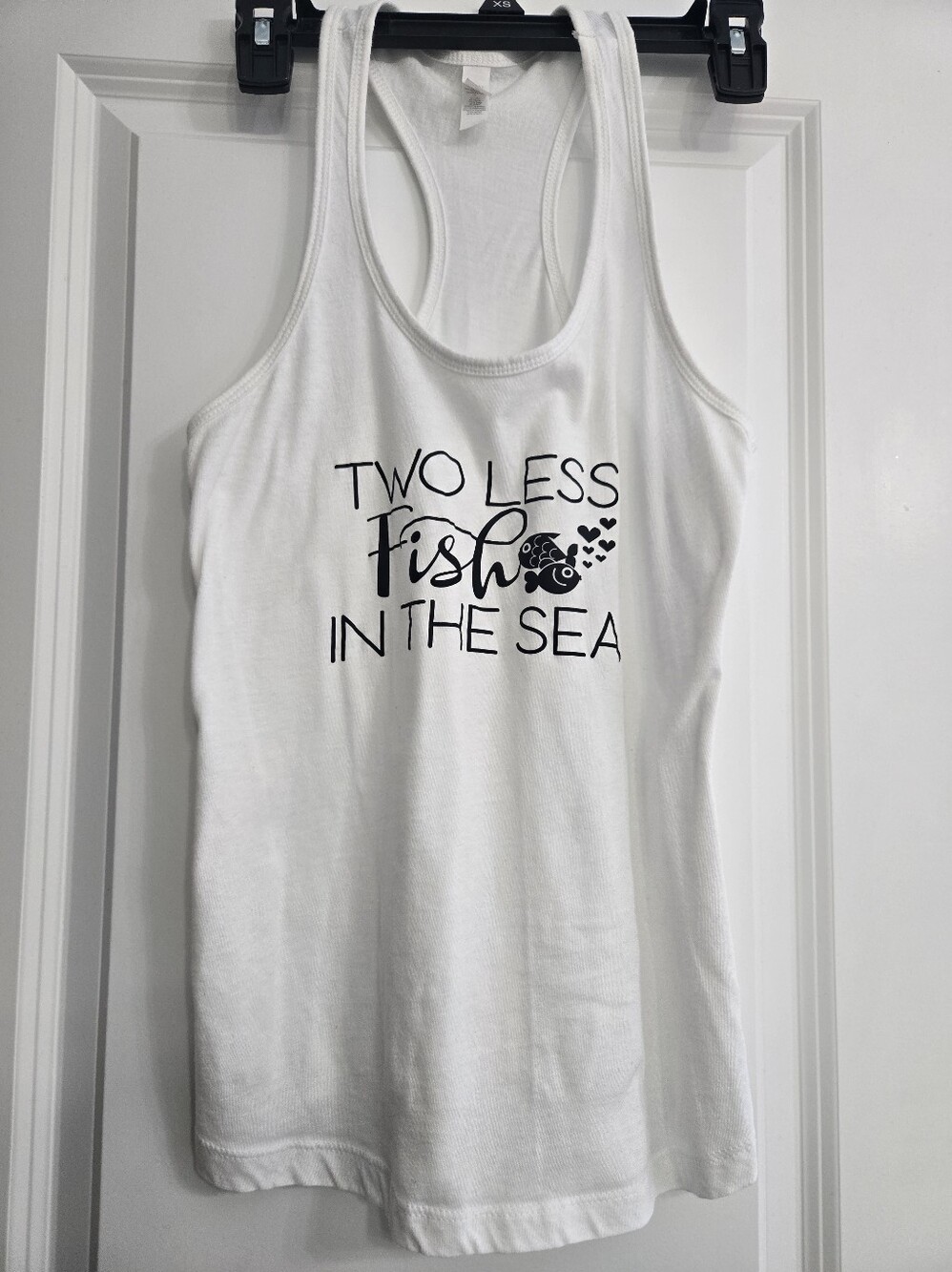 White Women's Racerback Tankini Top - "Two Less Fish in the Sea"